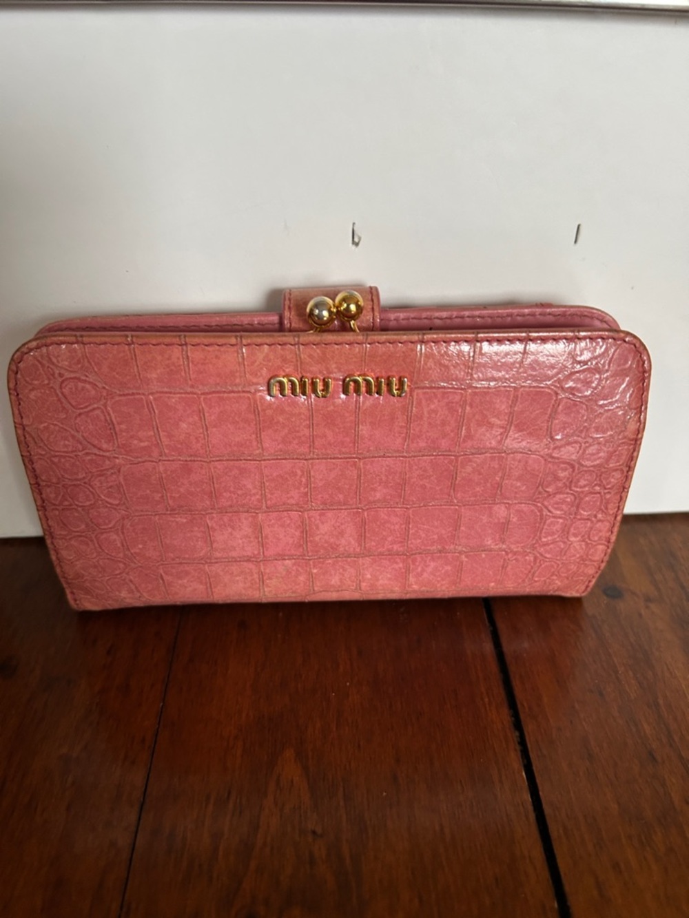 Miu Miu Pink Croc-Embossed Leather Wallet